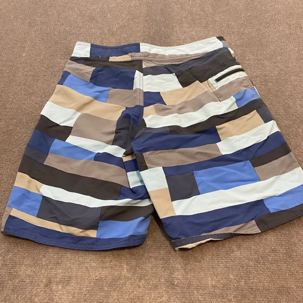 Patagonia Trunks Board Short Mens Size 29 Beach Blue Striped Swim Logo Wavefarer